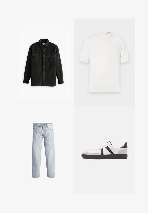 Weißes kurzärmliges Strick-T-Shirt mit rundem Halsausschnitt, das eine glatte Textur und Rippenelemente am Kragen und Saum aufweist.; Schwarzes Cordhemd mit Knopfleiste, Kragen und zwei Brusttaschen. Verfügt über einen strukturierten Stoff und ein gerades Design.; Hellblaue Denim-Jeans mit geradem Bein, Knopfleiste, fünf Taschen und subtilen Verwaschungen. Mit metallischen Hardware-Details ausgestattet.; Weiße Sneaker mit schwarz- und grau-aczenten, ausgestattet mit einer strukturierten grauen Zehenkappe, schwarzer Gummi-Sohle und flachen weißen Schnürsenkeln. Sauberes Design, minimalistische Stil.