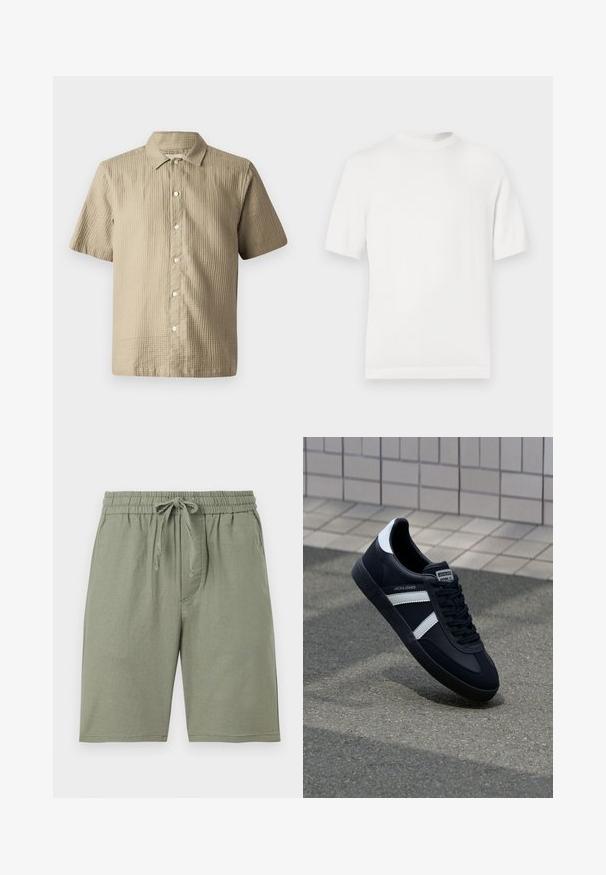 T-shirt en tricot blanc à manches courtes avec un col rond, présentant une texture lisse et des accents côtelés au niveau du col et de l'ourlet.; Chemise à manches courtes en beige clair, en tissu texturé. Présente une fermeture à boutons sur le devant, un col pointed et six boutons le long de la patte de boutonnage.; Shorts en coton vert clair avec une taille élastique et un cordon de serrage réglable. Comprend des poches latérales et une coupe au niveau du genou.; Sneaker en cuir noir avec des rayures blanches, semelle en caoutchouc texturée et devant à lacets. Présente une étiquette de marque sur la languette.