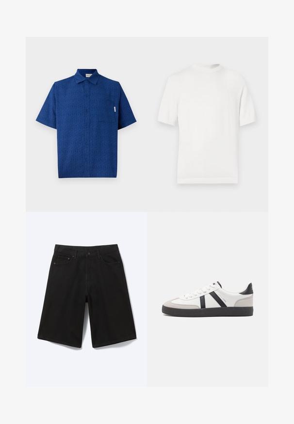 Hvid kortærmet strik t-shirt med rund halsudskæring, der har en glat overflade og ribbede detaljer ved kraven og kanten.; Kortærmet blå skjorte lavet af tekstureret stof med et subtilt mønster, en knaplukning foran og en enkelt brystlomme.; Sorte denim shorts til knæet med frontknap, bæltestropper og fem lommer, vist mod en hvid baggrund.; Hvide sneakers med sorte og grå detaljer, med en tekstureret grå tåhætte, sort gummisål og flade hvide snørebånd. Rent design, minimalistisk stil.