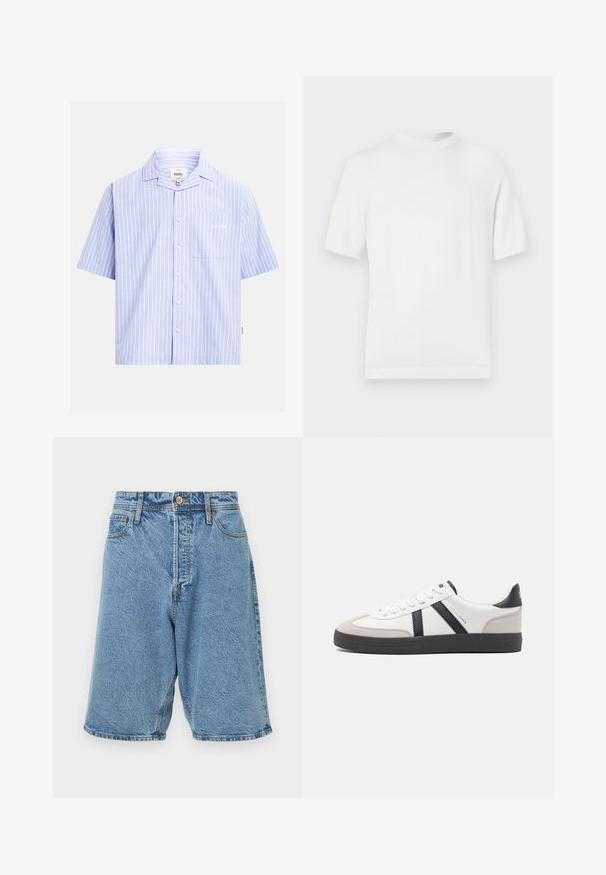 T-shirt en tricot blanc à manches courtes avec un col rond, présentant une texture lisse et des accents côtelés au niveau du col et de l'ourlet.; Chemise à manches courtes bleu clair avec des rayures verticales blanches, une poche poitrine et un texte blanc discret.; Shorts en denim bleu clair avec une texture délavée. Comprend une fermeture à bouton à l'avant, des passants de ceinture et des poches latérales. Coutures épaisses en accent.; Baskets blanches avec des accents noirs et gris, présentant un embout texturé gris, une semelle en caoutchouc noir et des lacets plats blancs. Design épuré, style minimaliste.
