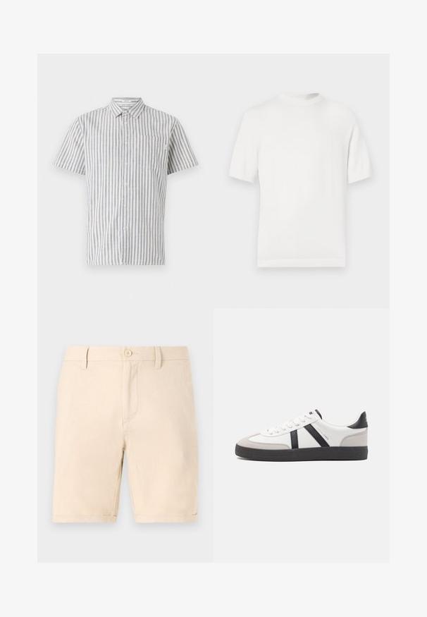 T-shirt en tricot blanc à manches courtes avec un col rond, présentant une texture lisse et des accents côtelés au niveau du col et de l'ourlet.; Chemise à manches courtes à boutons en rayures verticales blanches et bleues, avec une poche poitrine et un col classique. Tissu en mélange de coton.; Shorts en coton beige avec un design à plat devant, une fermeture à un bouton et des ourlets retroussés. Comprend des poches latérales et une texture lisse.; Baskets blanches avec des accents noirs et gris, présentant un embout texturé gris, une semelle en caoutchouc noir et des lacets plats blancs. Design épuré, style minimaliste.
