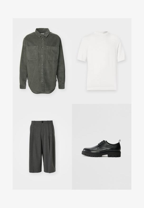 T-shirt en tricot blanc à manches courtes avec un col rond, présentant une texture lisse et des accents côtelés au niveau du col et de l'ourlet.; Chemise en velours côtelé vert avec une fermeture à boutons, col pointu, deux poches poitrine et manches longues avec poignets à boutons, présentant un ourlet droit.; Shorts larges à rayures gris avec fermeture à bouton et plissé à l'avant. Fabriqués à partir d'un tissu texturé, présentant un design ajusté.; Chaussure en cuir noir à bout arrondi, présentant un design à lacets, une semelle en caoutchouc noire robuste et un petit onglet de talon à l'arrière.