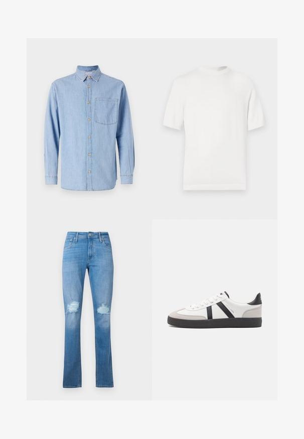 Weißes kurzärmliges Strick-T-Shirt mit rundem Halsausschnitt, das eine glatte Textur und Rippenelemente am Kragen und Saum aufweist.; Helles blaues Denimhemd mit Button-Down-Kragen, langen Ärmeln und einer einzelnen Brusttasche. Mit braunen Knopf-Details und kontrastierenden Nähten.; Helle blaue Denim-Jeans mit geradem Bein, featuring eine aufgerissene Kniepartie mit fransigen Kanten und klassischem Fünf-Taschen-Design.; Weiße Sneaker mit schwarz- und grau-aczenten, ausgestattet mit einer strukturierten grauen Zehenkappe, schwarzer Gummi-Sohle und flachen weißen Schnürsenkeln. Sauberes Design, minimalistische Stil.