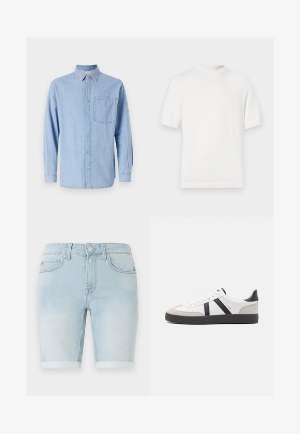 Weißes kurzärmliges Strick-T-Shirt mit rundem Halsausschnitt, das eine glatte Textur und Rippenelemente am Kragen und Saum aufweist.; Helles blaues Denimhemd mit Button-Down-Kragen, langen Ärmeln und einer einzelnen Brusttasche. Mit braunen Knopf-Details und kontrastierenden Nähten.; Hellblaue Jeansshorts mit umgeschlagenem Saum, klassischem Fünf-Taschen-Design und vorderem Knopfverschluss. Glatte Textur mit leichter Ausbleichung.; Weiße Sneaker mit schwarz- und grau-aczenten, ausgestattet mit einer strukturierten grauen Zehenkappe, schwarzer Gummi-Sohle und flachen weißen Schnürsenkeln. Sauberes Design, minimalistische Stil.