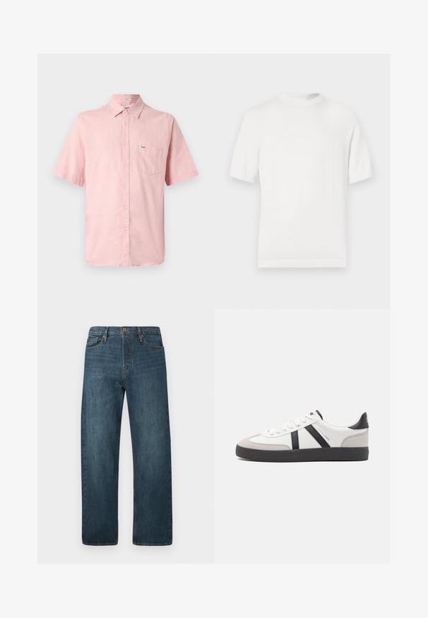 Weißes kurzärmliges Strick-T-Shirt mit rundem Halsausschnitt, das eine glatte Textur und Rippenelemente am Kragen und Saum aufweist.; Hemd mit kurzen Ärmeln, Knopfleiste aus leichtem rosa Leinen, mit einer Brusttasche und einem kleinen Markenetikett auf der Brust. Mit Kragen.; Dunkelblaue Jeans im geraden Schnitt mit fünf Taschen, Knopfverschluss und Gürtelschlaufen auf einem schlichten weißen Hintergrund.; Weiße Sneaker mit schwarz- und grau-aczenten, ausgestattet mit einer strukturierten grauen Zehenkappe, schwarzer Gummi-Sohle und flachen weißen Schnürsenkeln. Sauberes Design, minimalistische Stil.
