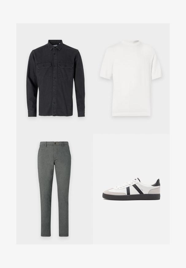 T-shirt en tricot blanc à manches courtes avec un col rond, présentant une texture lisse et des accents côtelés au niveau du col et de l'ourlet.; Chemise à manches longues, de couleur gris foncé, à boutons, en mélange de coton, avec deux poches poitrine et col classique.; Pantalon gris en tissu texturé, présentant une coupe droite, une fermeture à bouton et des passants de ceinture. Couleur uniforme sans motifs visibles.; Baskets blanches avec des accents noirs et gris, présentant un embout texturé gris, une semelle en caoutchouc noir et des lacets plats blancs. Design épuré, style minimaliste.