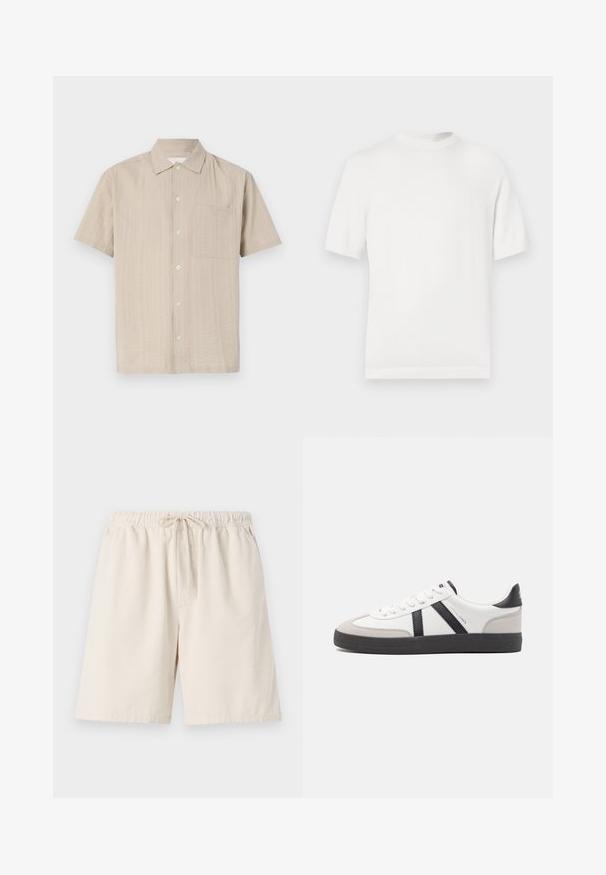 T-shirt en tricot blanc à manches courtes avec un col rond, présentant une texture lisse et des accents côtelés au niveau du col et de l'ourlet.; Chemise à manches courtes en tissu beige clair avec un motif texturé, fermeture à boutons et poche appliquée sur la poitrine gauche. Design de col classique.; Shorts côtelés beige clair avec une taille élastique et un cordon de serrage. Comprend des poches latérales et une coupe décontractée. Matière en mélange de coton.; Baskets blanches avec des accents noirs et gris, présentant un embout texturé gris, une semelle en caoutchouc noir et des lacets plats blancs. Design épuré, style minimaliste.