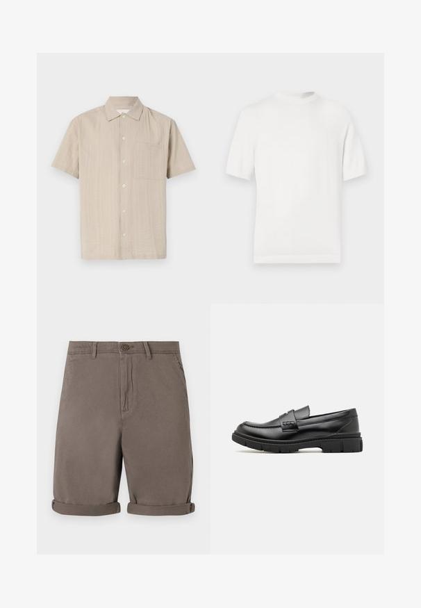 Hvid kortærmet strik t-shirt med rund halsudskæring, der har en glat overflade og ribbede detaljer ved kraven og kanten.; Kortærmet skjorte i lyse beige stof med et struktureret mønster, knaplukning og brystlomme på venstre side. Klassisk kravedesign.; Brune bomuldsshorts med lige snit, der har knaplukning og opnåede manchetter. Glat tekstur, ingen synlige mønstre eller accenter.; Sort læder loafersko med en bred rem over forfoden, gummisål med tykke mønstre og glat overflade. Klassisk, slankt design.