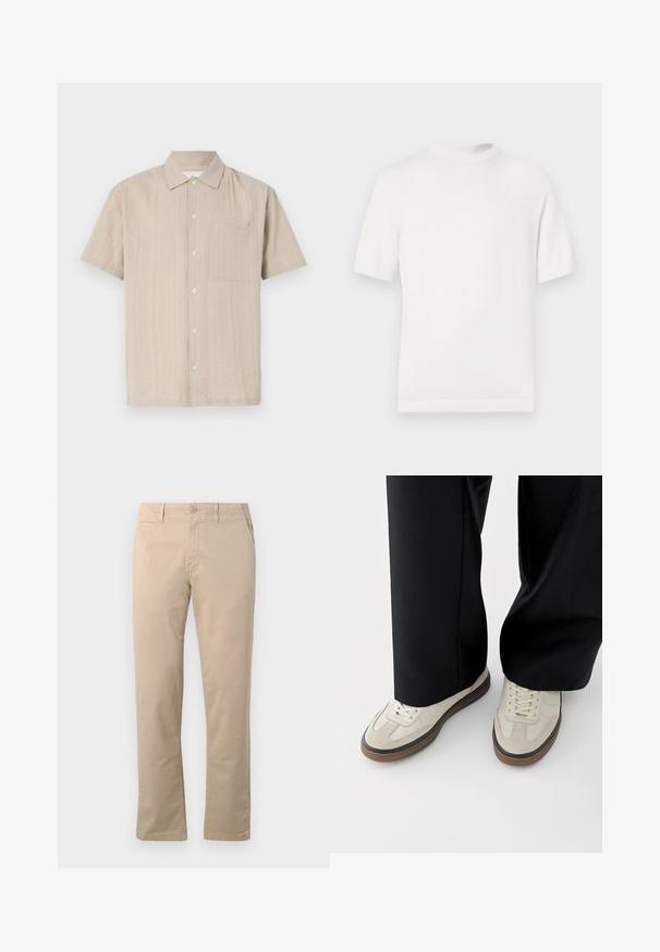 Witte korte mouwen gebreide t-shirt met een ronde halslijn, met een gladde textuur en ribbelaccenten op de kraag en de zoom.; Korte mouwen overhemd in lichtbeige stof met een gestructureerd patroon, knoopsluiting en een opgestikte zak op de linkerborst. Klassiek kraagontwerp.; Beige chino's van katoen, met een rechte pasvorm, traditionele knoopsluiting en zijzakken met nette stiksels.; Voeten met beige sneakers met bruine zolen en zwarte wijde broekspijpen op een witte achtergrond.