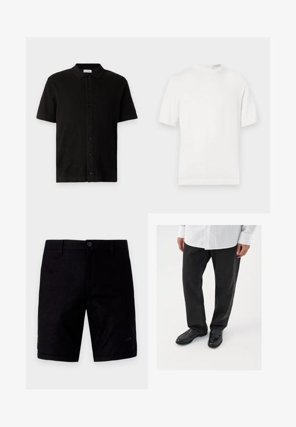 Hvid kortærmet strik t-shirt med rund halsudskæring, der har en glat overflade og ribbede detaljer ved kraven og kanten.; Sort kortærmet poloshirt lavet af tekstureret stof med en knaplukning foran og en klassisk krave. Har en lige søm.; Sorte shorts med en glat overflade, der har knaplukning, traditionelle lommer og opbrettede kanter. Fremstillet af letvægtsstof.; Sorte denimbukser parret med skinnende sorte loafers. Skjorten er hvid med tynde lodrette striber, har lange ærmer og en knapkrave.