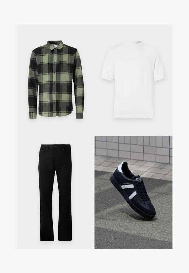 Camiseta de punto blanca de manga corta con cuello redondo, que presenta una textura suave y acentos de canalé en el cuello y el dobladillo.; Camisa de cuadros en verde oscuro y negro con botones, de manga larga, que presenta un collar clásico y botones azules. Tejido suave y texturizado.; Jeans negros de pierna recta hechos de denim, con cierre de botón en la parte delantera, dos bolsillos laterales y una textura suave.; Zapatilla de cuero negra con rayas blancas, suela de goma texturizada y parte frontal con cordones. Cuenta con una etiqueta de marca en la lengüeta.