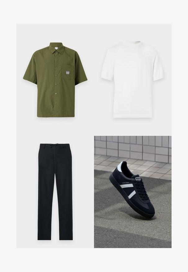 T-shirt en tricot blanc à manches courtes avec un col rond, présentant une texture lisse et des accents côtelés au niveau du col et de l'ourlet.; Chemise à manches courtes en tissu vert olive avec un col boutonné, dotée d'une poche poitrine avec un écusson gris du logo GAP.; Pantalons noirs en matériau léger, avec une coupe droite, une taille à cordon ajustable et deux poches latérales.; Sneaker en cuir noir avec des rayures blanches, semelle en caoutchouc texturée et devant à lacets. Présente une étiquette de marque sur la languette.