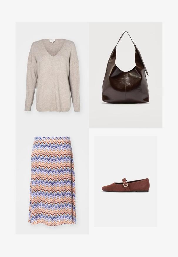 Beige v-hals sweater lavet af blødt strikket materiale, med en afslappet pasform, faldende skuldre og ribbede manchetter og kant.; Multifarvet zigzag mønster nederdel. Lavet af letvægtsstof, med en flared silhuet og en taljeelastik. Overvejende orange, blå og rød.; Brun ruskind Mary Jane-flad sko med en guldspænde og sort sål på hvid baggrund.; Mørkebrunt, skinnende læder skuldertaske med en enkelt bred rem og spændedetalje på den ene side, sat mod en ensartet lys baggrund.