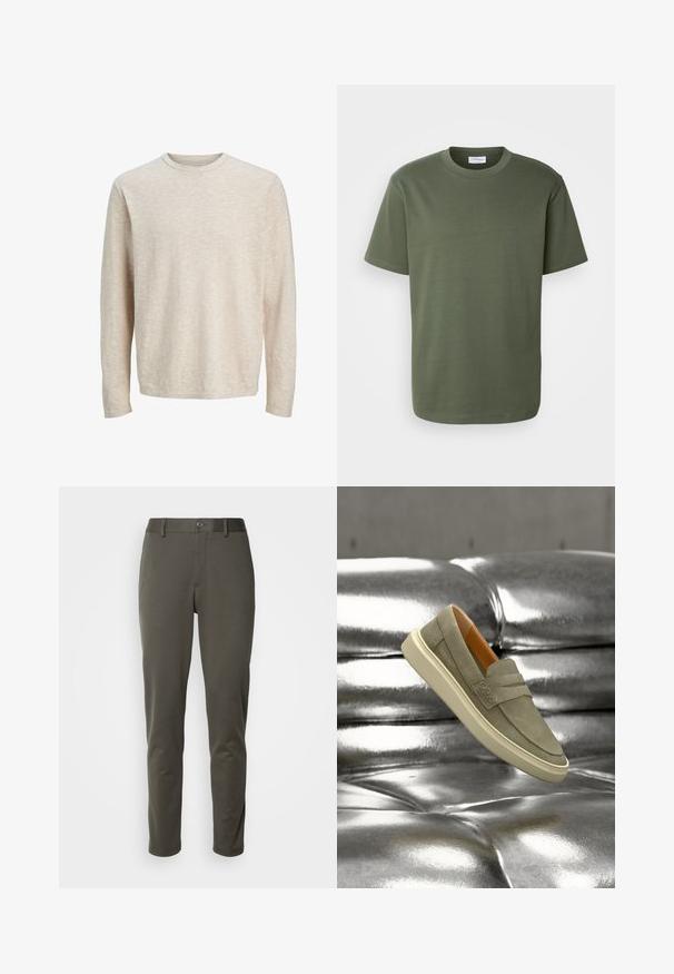 Hellbeiger Pullover mit Rundhalsausschnitt, langen Ärmeln, weicher Strickstruktur und lockerem Schnitt.; Lindbergh O-NECK TEE OVERSIZE S/S - T-Shirt basic - olive; Olivgrüne Hose aus dehnbarem Stoff, mit einem Knopfverschluss am Bund, slim fit und geraden Beinen ohne Muster oder auffällige Hardware.; Hellbrauner Wildleder-Slipper mit weißer Sohle, der über einer glänzenden silbernen, gesteppte Oberfläche schwebt.