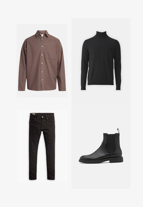 Sort turtleneck sweater lavet af blødt stof, med lange ærmer og ribbet krave, en glat tekstur og tætsiddende design.; Brunternetternet knap-up skjorte med lange ærmer, med en brystlomme og hvide knapper på et struktureret stof.; Sorte denim jeans med slim fit, der har et klassisk fem-lommer design og kontrastsyninger. Traditionel knaplukning i livet.; Sort læder ankelstøvle med glat overflade, elastiske sidepaneler og en trækstrop. Rund tå og flad gummisål med minimal mønster.