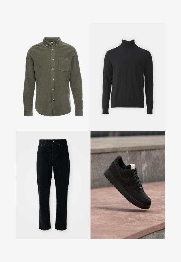 Sort turtleneck sweater lavet af blødt stof, med lange ærmer og ribbet krave, en glat tekstur og tætsiddende design.; Olivengrøn kordfløjlsskjorte med lange ærmer, knap-ned krave, frontlomme og frontknaplukning. Struktureret stof med lodrette striber.; Sorte fløjlsprede bukser med høj talje, lige ben, fem lommer og sølvhardware, der har et struktureret ribbet mønster over det hele.; Sort Nike Air Force 1 sneaker, der svæver over en lyserød betonforkant med en grå stenet baggrund, som viser sidde- og topdetaljer.