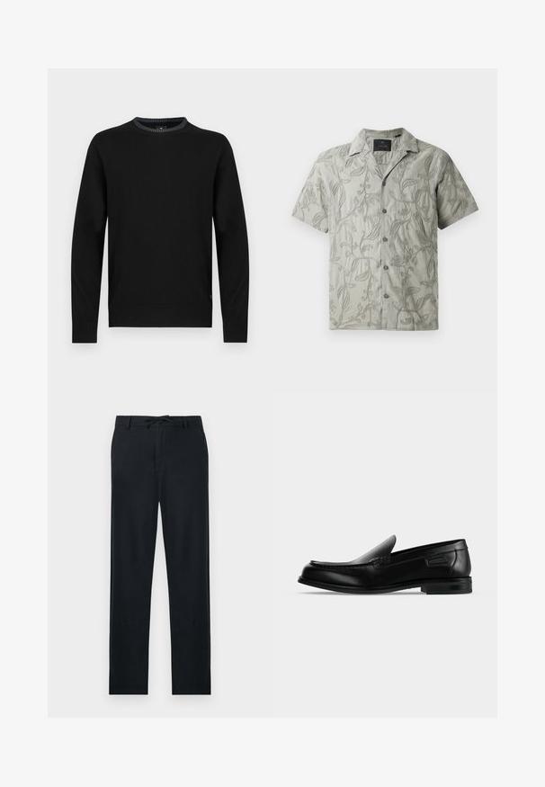 Zwarte trui met lange mouwen, ronde hals, gestructureerde geribbelde kraag en manchetten. Gemaakt van een gladde stof met een eenvoudig ontwerp.; Korte mouwen lichtgrijze shirt met geborduurde bloemenpatronen, een camp collar en een knoopsluiting met grijze knopen.; Zwarte broek van een lichtgewicht materiaal, met een rechte snit, verstelbare trekkoord taille en twee zijzakken.; Zwarte leren instapschoen met lage hak, afgeronde neus en decoratieve stiksels langs de bovenrand.
