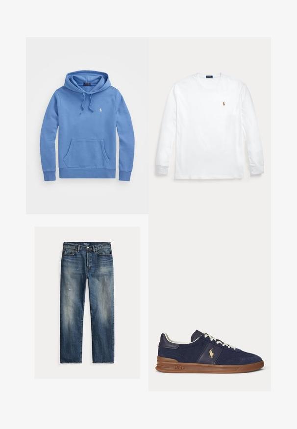 Sudadera azul de mezcla de algodón suave, con un bolsillo frontal tipo canguro, cordón ajustable y un pequeño logo en el pecho.; Camiseta blanca de manga larga con cuello redondo y pequeño logo bordado de Polo Ralph Lauren en el pecho izquierdo.; Vaqueros de mezclilla azul de corte cómodo con acabado desteñido, marcas de desgaste visibles, silueta recta y cierre tradicional con botones.; Zapatilla deportiva baja azul marino con cordones blancos, suela marrón y logo de jugador de polo en el lateral, vista desde la izquierda.
