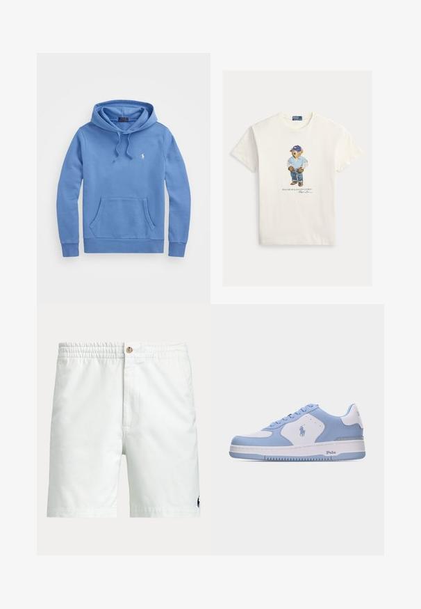 Sudadera azul de mezcla de algodón suave, con un bolsillo frontal tipo canguro, cordón ajustable y un pequeño logo en el pecho.; Camiseta blanca de algodón con un gráfico de un oso que lleva una camiseta azul, vaqueros y una gorra azul. Incluye el texto "Polo Bear by Ralph Lauren".; Pantalones cortos blancos para hombre con cinturilla elástica, cierre de botón, bolsillos laterales y pequeño logo oscuro cerca del dobladillo inferior en una pierna.; Zapatilla deportiva baja en cuero blanco y azul claro con logo de Polo en el lateral y el talón, suela plana y cierre de cordones.
