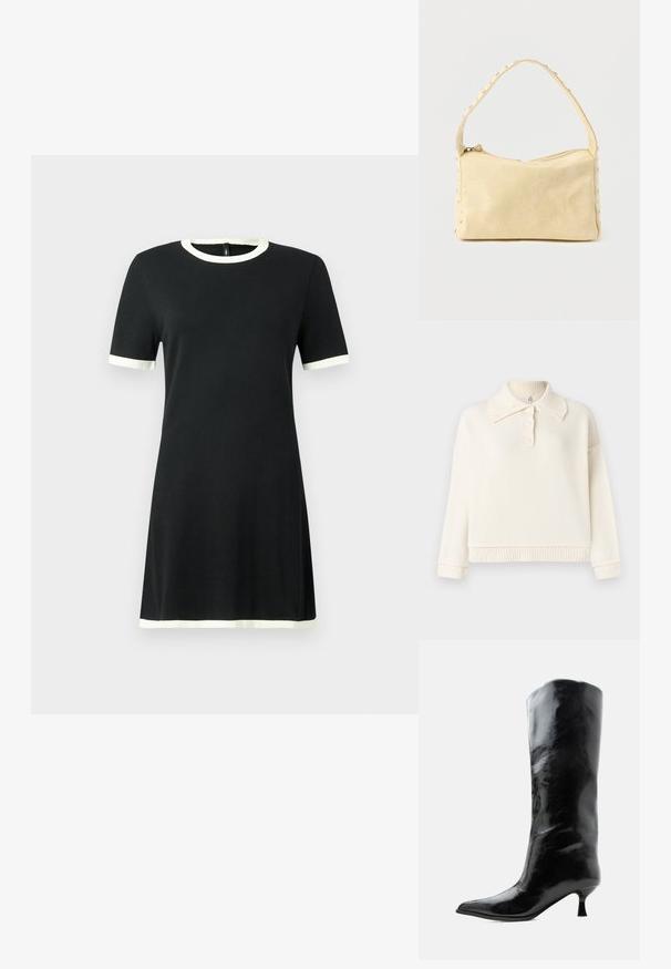 Crème-kleurige pullover trui met een geribbelde kraag en zoom, voorzien van een knoopsluiting in henley stijl en losse mouwen.; Zwarte jurk met korte mouwen en contrasterende witte bies bij de kraag en mouwen. Gemaakt van zachte stof, met een eenvoudig, recht ontwerp.; Zwarte glanzende kniehoge leren laars met puntige neus en lage gebogen hak op een effen lichte achtergrond.; Kleine beige leren handtas met een enkele band en zilveren studs langs de randen en band, tegen een effen achtergrond.