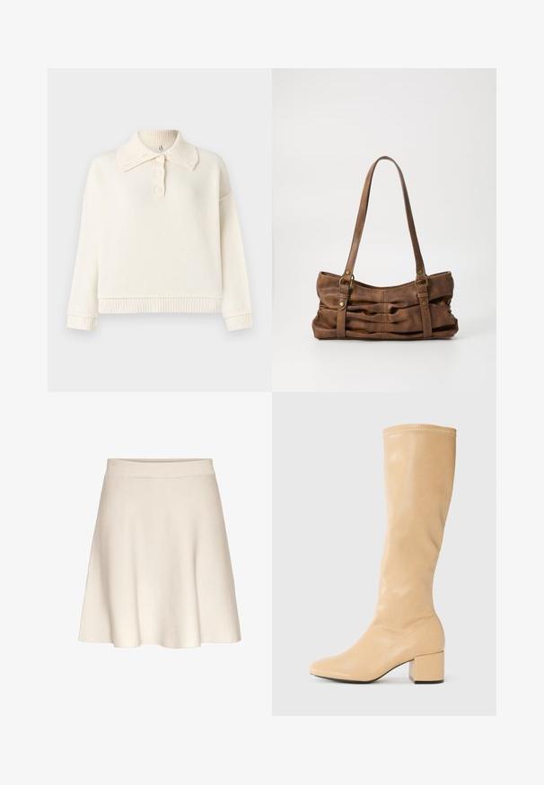 Cremefarvet pullover-sweater med ribbet krave og kant, der har en knaplukket henley-krave og løst siddende ærmer.; En udvidet, beige nederdel lavet af blødt stof med en glat tekstur, der har et bredt taljebånd og en knælængde.; Anna Field Høje støvler/ Støvler - beige; Even&Odd Håndtasker - brown