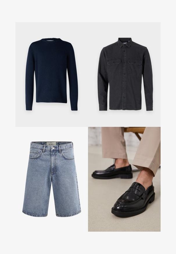 Selected SLMCODY LS KNIT CREW NECK NOOS - Džemper - sky captain; Pika-nahk, tumehall nööpidega särk, mis on valmistatud puuvillasegusest materjalist, kahe rinnatasku ja klassikalise krae disainiga.; Hele sinised teksapüksid esiosas taskute, vööaasade, nööp-kinnituse ja vöökohal sildiga, millel on kirjas "REBEL".; Mustad nahast mokassiinid sileda viimistlusega, dekoratiivse rihma ja kontrastõmblustega, koos beežide pükstega.