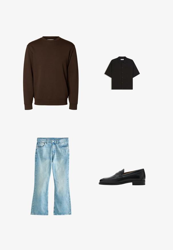 Schlichtes dunkelbraunes Sweatshirt mit langen Ärmeln und Rundhalsausschnitt, mit gerippten Bündchen und Bund, vor weißem Hintergrund dargestellt.; Schwarzes, kurzärmeliges Hemd mit Knopfleiste, Kragen und Brusttasche, flach auf einem weißen Hintergrund ausgebreitet.; Hellblaue Jeans aus Denim mit hoher Taille, Knopfverschluss, vorderen Taschen und leicht ausgestellten Beinenden.; Schwarzer Leder-Pennyloafer mit niedrigem Absatz, abgerundeter Spitze und einem Riemen über dem oberen Teil des Schuhs.