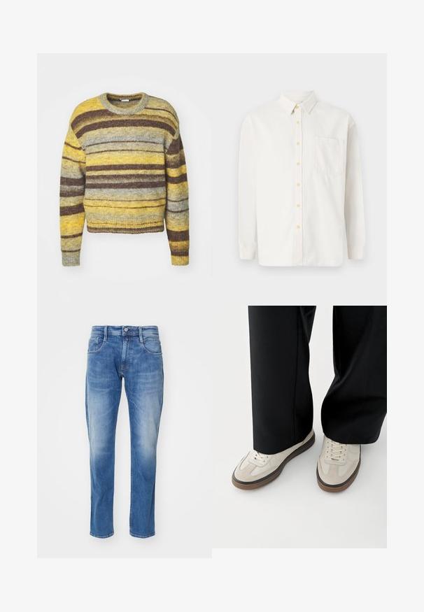 Suéter a rayas con escote redondo, que presenta tonos de amarillo, gris y marrón. Confeccionado en un tejido de punto texturizado, con mangas largas.; Camisa blanca de manga larga hecha de una mezcla de algodón, con cuello abotonado, botones amarillos y un único bolsillo en el pecho. Corte clásico.; Jeans de mezclilla azul claro con corte recto, diseño de cinco bolsillos, un ligero desgastado y una cinturilla estándar con cierre de botón.; Pies con zapatillas beige con suelas marrones y pantalones negros de pierna ancha sobre un fondo blanco.