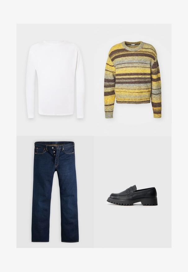 Suéter a rayas con escote redondo, que presenta tonos de amarillo, gris y marrón. Confeccionado en un tejido de punto texturizado, con mangas largas.; Camisa de manga larga blanca de cuello redondo mostrada plana sobre un fondo gris claro.; Vaqueros de mezclilla de color azul oscuro con corte recto, cinco bolsillos y costuras doradas. Presentan una bragueta con botones y remaches de cobre. Textura suave.; Mocasines de cuero negro con punta redondeada, que presentan una correa decorativa y una suela de goma gruesa con surcos profundos para mayor tracción.