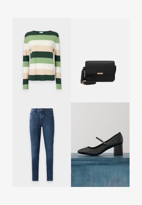Gestreifter Pullover mit langen Ärmeln. Die Farben umfassen Dunkelgrün, Hellgrün, Creme und Beige. Hergestellt aus einem weichen Strickmaterial. Rundhalsausschnitt.; Dunkelblaue Skinny-Jeans aus Denim mit einem klassischen Five-Pocket-Design, vorderer Knopfverschluss und subtilen Nähdetails. Glatte Textur über die gesamte Oberfläche.; Schwarze Mary-Jane-Schuhe mit Blockabsatz und goldener Schnallenriemen, die über einem glatten Betonboden in einer minimalistischen Innenanordnung schwebt.; Schwarze Leder-Crossbody-Tasche mit Klappenverschluss, goldenen Beschlägen, verstellbarem Tragegurt und strukturiertem Material. Kompakte, rechteckige Form.