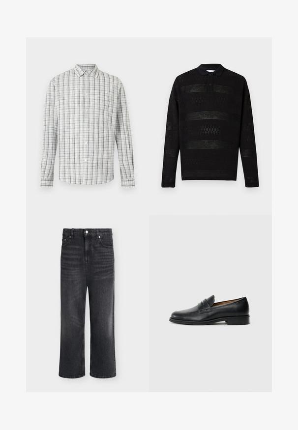 Polo noir à manches longues avec des rayures horizontales texturées et semi-transparentes, doté d'une patte à deux boutons, sur fond blanc.; Chemise blanche à manches longues avec un motif à fines carreaux noirs et gris et une poche poitrine gauche.; Jean noir à jambes larges, taille haute, fermeture par boutons et poches visibles à l'avant et à l'arrière, présenté sur fond blanc.; Mocassins en cuir noir avec un bout arrondi, présentant un détail de sangle à l'avant et un petit talon solide. Texture lisse et design épuré.