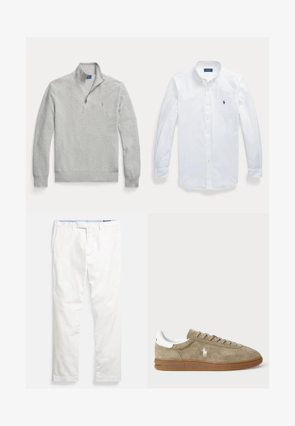 Lysegrå strikket kvart-zip sweater med opretstående krave og diskret broderet logo på venstre bryst.; Hvid langærmet skjorte med knapper og krave, Polo Ralph Lauren-logo broderet på venstre bryst.; Hvide bomulds-chinos med flad front, bæltestropper, sidelommer og en glat tekstur, med en blå indvendig linning.; Suedesneakers i tan med hvide detaljer, rund tå og snørebåndsdesign. Har præget logo og gummisål for bedre greb.