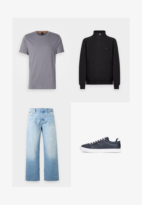 Sudadera negra de media cremallera con mangas largas, bolsillos laterales y un pequeño logo en el pecho. Tejido suave con una textura lisa.; Camiseta gris de manga corta hecha de algodón, con cuello redondo y un pequeño parche de logo rectangular en la parte superior izquierda. Textura suave.; Vaqueros de mezclilla azul claro con cintura alta, piernas anchas y rectas, bolsillos delanteros y cierre de botón y cremallera.; Zapatillas de piel azul marino con suelas de goma blancas, que presentan un diseño aerodinámico, cordones blancos contrastantes y un detalle sutil del logotipo.