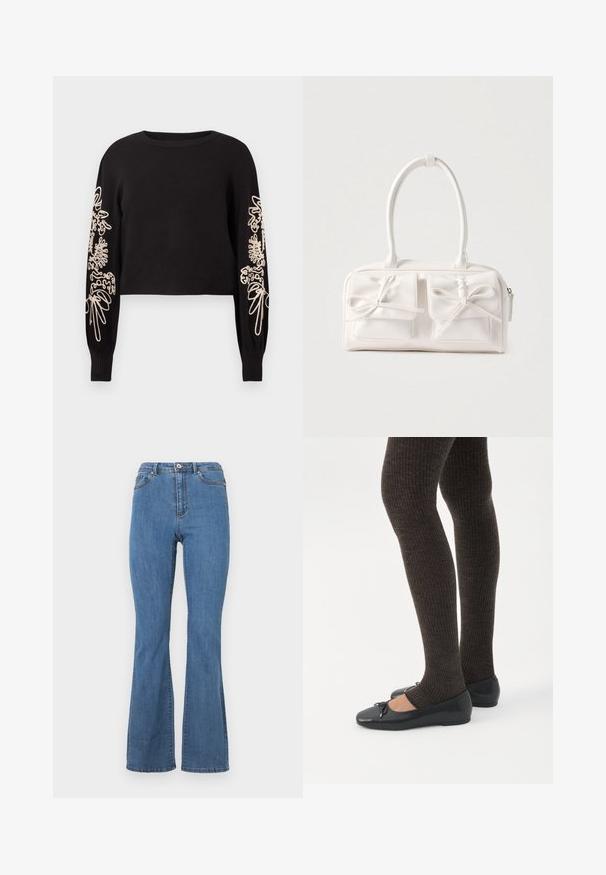 Suéter negro cortado con mangas largas, que presenta bordados florales en color beige en las mangas, cuello redondo y puños acanalados. Textura de tela suave.; Vaqueros de campana azules hechos de denim, con una cintura alta, costuras en contraste y un cierre de botón único en la parte frontal.; Piernas con leggings oscuros acanalados combinados con bailarinas negras que presentan pequeños detalles de lazo sobre un fondo blanco.; Bolso sintético blanco con dos bolsillos delanteros, cada uno con un detalle de lazo atado. Textura suave, asas redondeadas y cierre de cremallera.