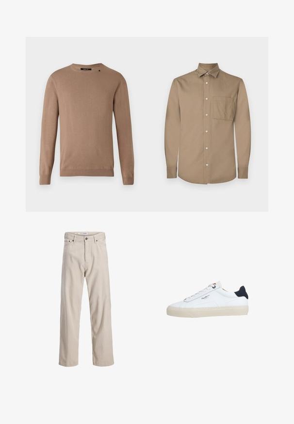 Suéter beige de manga larga con cuello redondo, hecho de un tejido suave y texturizado. Presenta puños y dobladillo de canalé, y un pequeño detalle de logo.; Camisa marrón de manga larga con botón en la parte delantera, cuello puntiagudo, un bolsillo en el pecho y textura de tela suave y mate.; Pantalones de pana beige con corte recto, con textura acanalada, diseño de cinco bolsillos y cierre de botón.; Zapatilla deportiva blanca de corte bajo con suela beige, cordones blancos, lengüeta trasera negra y logotipo "Pepe Jeans London" en el lateral.