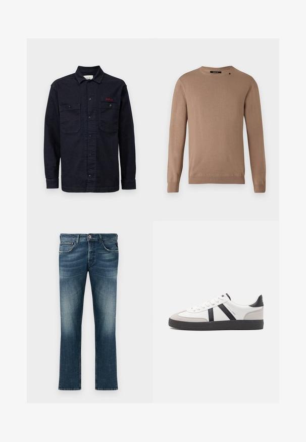 Suéter beige de manga larga con cuello redondo, hecho de un tejido suave y texturizado. Presenta puños y dobladillo de canalé, y un pequeño detalle de logo.; Camisa de mezclilla azul oscuro con mangas largas, cierre frontal de botones, dos bolsillos en el pecho y un pequeño logo rojo "REPLAY" en el bolsillo izquierdo.; Tejanos de denim en azul oscuro con un acabado desgastado. Presentan un diseño clásico de cinco bolsillos, corte recto y un botón de acento rojo.; Zapatilla blanca con acentos en negro y gris, que presenta una puntera texturizada en gris, suela de goma negra y cordones planos blancos. Diseño limpio, estilo minimalista.