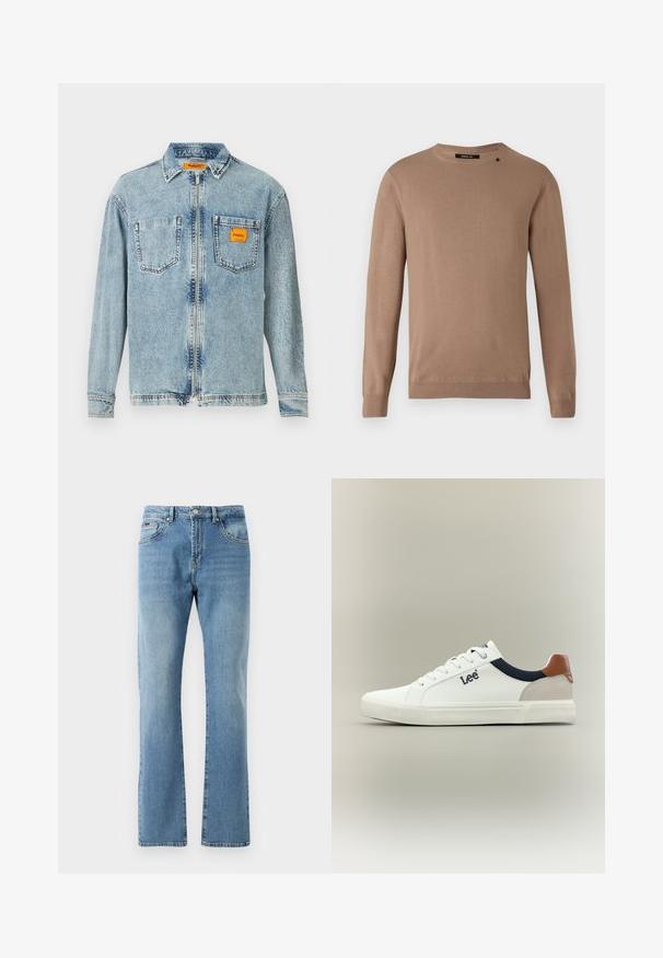 Bees värviline pikkade varrukatega sviiter ümarate kaelustega, valmistatud pehmest, tekstuurses kangast. Omab soonikkude mansette ja allserva ning väikest logo detaile.; Helefrontse lukuga helesinine denim jakker, kahe rindkere taskuga ja väikese oranži Replay Inc. etiketi avaga paremas taskus ja kraes.; Heledad sinine teksad otste sirgade lõikega, viie taskuga ja kerge kulumisega. Omab klassikalist vööd ja sirgeid service alumistes ääres.; Valge madala säärega tennisking, millel on pruun kandseatmik, musta värvi kaelusedetail, valged paelad ja küljes "Lee" logo.
