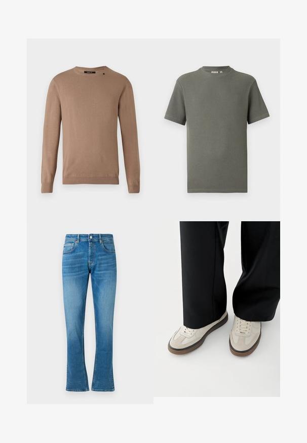 Beige Pullover mit langen Ärmeln und rundem Ausschnitt, aus weichem, strukturiertem Stoff. Verfügt über gerippte Bündchen und einen gerippten Saum sowie ein kleines Logodetail.; Olivgrünes T-Shirt mit kurzen Ärmeln aus strukturiertem Strick, Rundhalsausschnitt und geradem Saum, flach auf weißem Hintergrund.; Blaue Denim- Schlagjeans mit normaler Taille, zwei Fronttaschen und leichter Abnutzung. Der Stoff hat eine weiche Textur und traditionelle Nähte.; Füße mit beigen Sneakers mit braunen Sohlen und schwarzen Hosen mit weitem Bein auf weißem Hintergrund.