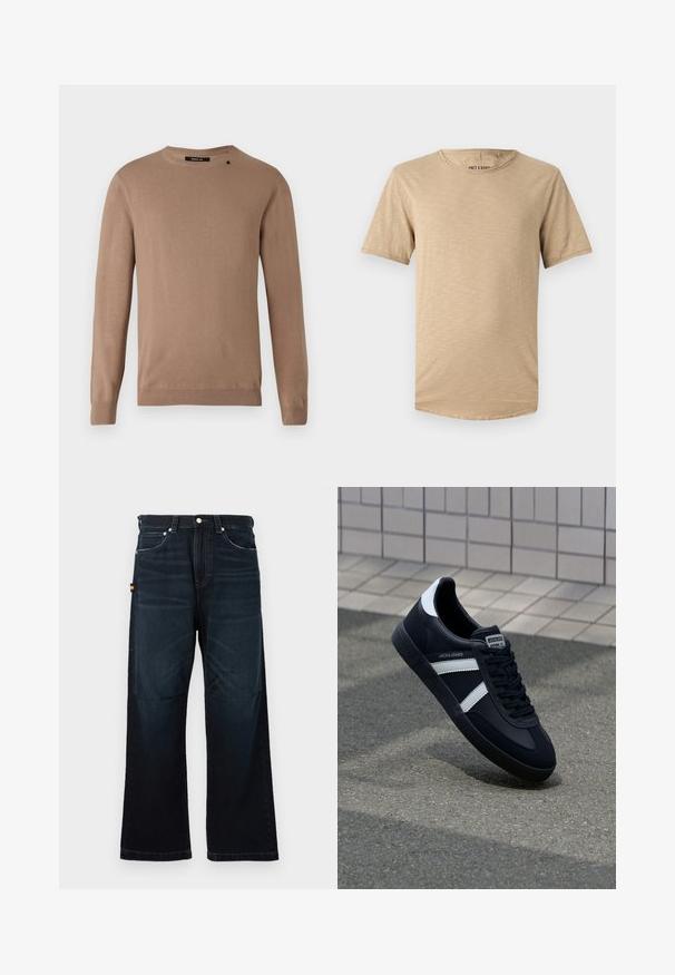 Suéter beige de manga larga con cuello redondo, hecho de un tejido suave y texturizado. Presenta puños y dobladillo de canalé, y un pequeño detalle de logo.; Camiseta de manga corta beige hecha de tela suave. Presenta un escote redondo y una superficie ligeramente texturizada con un dobladillo curvado.; Vaqueros rectos de color azul oscuro con diseño clásico de cinco bolsillos, trabillas para el cinturón y sutiles detalles desgastados en la parte frontal y las rodillas.; Zapatilla de cuero negra con rayas blancas, suela de goma texturizada y parte frontal con cordones. Cuenta con una etiqueta de marca en la lengüeta.