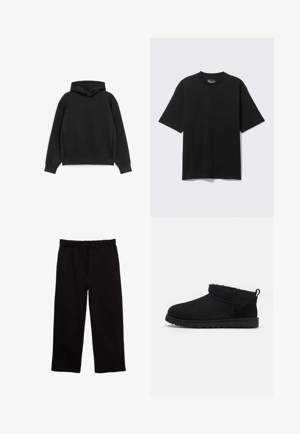 ARKET Hættetrøje - black; Sort T-shirt med korte ærmer og løs pasform med rund hals, vist fladt på lysegrå baggrund.; Sorte sweatpants lavet af blødt stof, med elastisk talje med snøre, to sidelommer og en afslappet pasform.; Sorte ruskind ankelstøvler med en blød, tekstureret foring, lavprofilgummi sål og en løkke bagpå for nem påtagning.