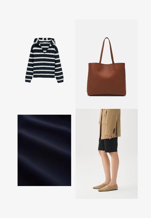 Marineblåt og hvidt stribet sweater, v-hals design, lange ærmer, lavet af blødt materiale, med en let afslappet pasform og ribbede manchetter.; Mørk navyblåt glat stof med bløde folder og subtil tekstur, der antyder et let og fint materiale.; Tan ruskinds slip-on sko med spidse tæer og en lille spænde. Båret med sorte shorts og en beige oversized blazer.; Brun læder tote taske med en glat overflade, åben topdesign og to skulderremme. Har minimal syning og ingen synlig hardware.