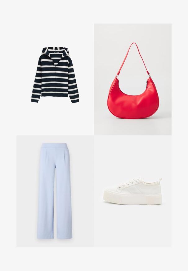 Marineblåt og hvidt stribet sweater, v-hals design, lange ærmer, lavet af blødt materiale, med en let afslappet pasform og ribbede manchetter.; Lyseblå brede bukser lavet af blødt stof med en glat tekstur, der har en bred talje og subtile Folds foran.; Hvide kanvas sneakers med en struktureret, kraftig sål, der har flade snørebånd, sidelaner og en hælflap for nemt at tage dem på.; Rød syntetisk læder skuldertaske med en buet form, slank rem og lynlås lukning. Glat tekstur med synlige syninger.