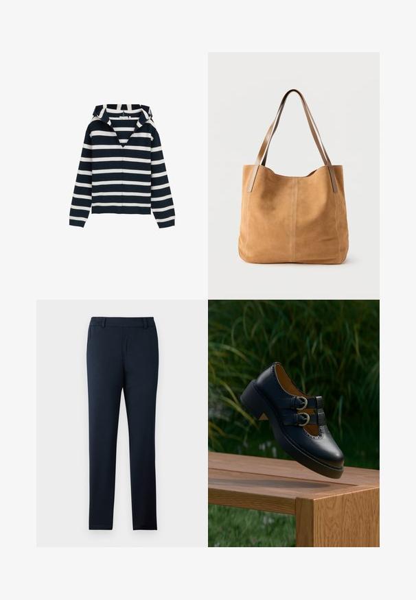 Suéter a rayas en azul marino y blanco, diseño de cuello en V, manga larga, hecho de material suave, con un ajuste ligeramente relajado y puños acanalados.; Pantalones azul marino hechos de una suave tela elástica. Presentan un diseño de frente plano, presillas para cinturón y un corte delgado y entallado.; Zapato negro de cuero con doble hebilla y detalles perforados flotando sobre un banco de madera al aire libre con césped verde y plantas al fondo.; Bolso tote de ante color bronceado con largas asas de cuero marrón claro, textura suave y costuras sencillas sobre un fondo blanco liso.