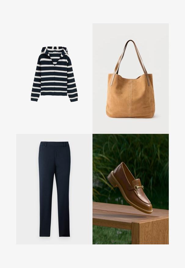 Pull marin et blanc à rayures, design en V, à manches longues, fabriqué à partir d'un matériau doux, avec une coupe légèrement décontractée et des poignets côtelés.; Pantalons bleu marine en tissu doux et extensible. Dotés d'un devant plat, de passants de ceinture et d'un design à jambe slim et effilée.; Mocassin en cuir marron avec détail de boucle dorée flottant au-dessus d'un banc en bois en plein air avec un fond de feuillage vert.; Sac fourre-tout en daim beige avec de longues anses en cuir marron clair, texture douce et couture simple sur un fond blanc uni.