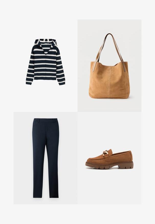 Marineblåt og hvidt stribet sweater, v-hals design, lange ærmer, lavet af blødt materiale, med en let afslappet pasform og ribbede manchetter.; Mørkeblå bukser lavet af et blødt, strækbart stof. Har en flad front, bæltestropper og et slankt, tapered ben design.; Brune ruskindsloafers med en dekorativ kæde i guldfarve, der har en tekstureret gummisål og rund tådesign.; Beige ruskindtaske med lange lysebrune læderstropper, blød tekstur og enkel syning på en ensfarvet hvid baggrund.