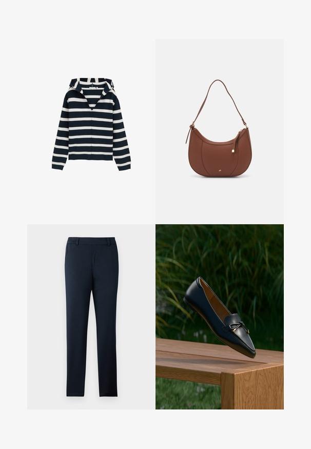 Marineblåt og hvidt stribet sweater, v-hals design, lange ærmer, lavet af blødt materiale, med en let afslappet pasform og ribbede manchetter.; Mørkeblå bukser lavet af et blødt, strækbart stof. Har en flad front, bæltestropper og et slankt, tapered ben design.; Sort læderloafer med detaljeret sløjfe, der svæver over en træbænk med grøn græs og planter i baggrunden.; Brun faux læder skuldertaske med buet form, minimal syning og en guldtonet hardwaredetalje. Har en top lynlåslukning og justerbar rem.