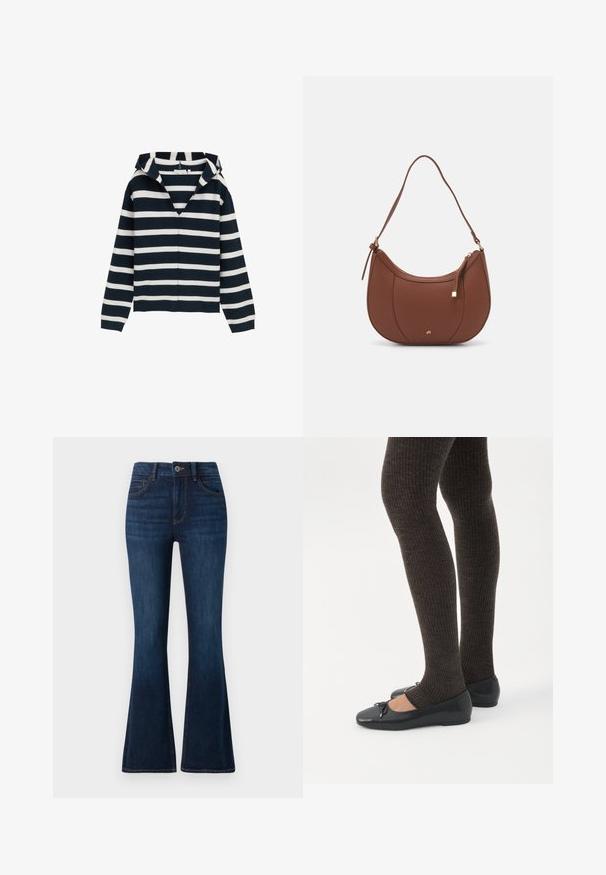 Marineblauwe en witte gestreepte trui, met V-hals ontwerp, lange mouwen, gemaakt van zacht materiaal, met een licht relaxte pasvorm en geribbelde manchetten.; TOM TAILOR STELLA donkerblauw denim; Benen met donkere geribbelde leggings gecombineerd met zwarte ballerina's met kleine strikdetails op een witte achtergrond.; Bruine faux leren schoudertas met een gebogen vorm, minimale stiksels en een gouden hardware-accent. Voorzien van een bovenste ritsluiting en een verstelbare schouderband.