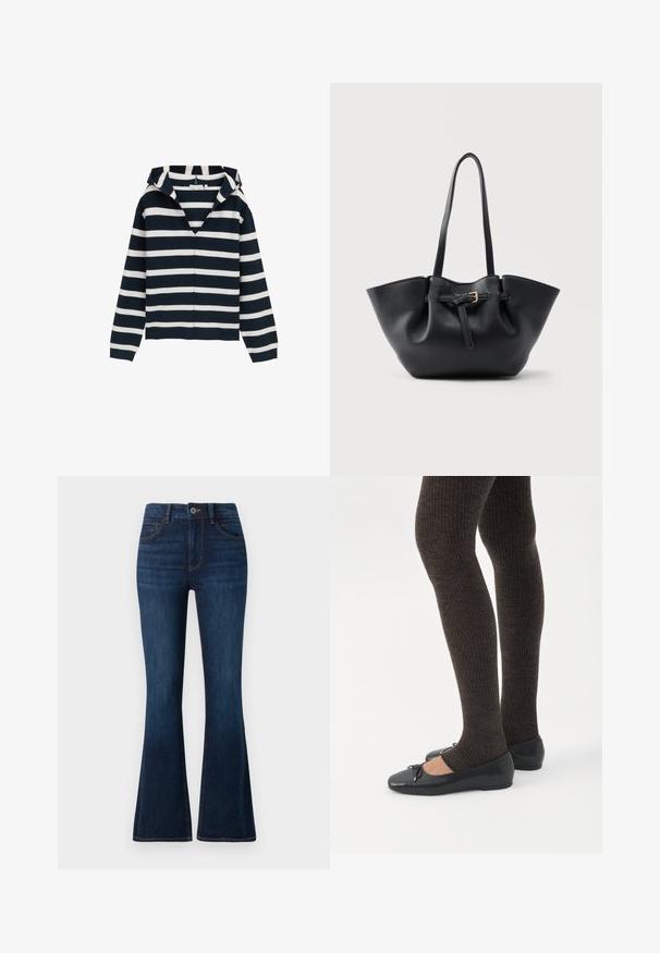 Marineblåt og hvidt stribet sweater, v-hals design, lange ærmer, lavet af blødt materiale, med en let afslappet pasform og ribbede manchetter.; TOM TAILOR STELLA darkblue; Ben iført mørke ribbede leggings kombineret med sorte balletsko med små sløjfedetaljer på hvid baggrund.; Sort lædertaske med lange håndtag og en frontrem med en lille gylden spænde, sat mod en ensfarvet baggrund.