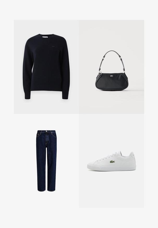 Sort langærmet crewneck sweater med ribbede manchetter og kant, der har et diskret broderet logo på venstre bryst.; Mørkeblå denim jeans med lige ben-design, der har høj talje, fem-lomme-stil og kontrastsyninger. Ingen dekorationer.; Hvide lædersneakers med rund tå, snøre-design, grøn broderet krokodille-logo og struktureret gummisål.; Sort skuldertaske med justerbar rem, lynlås og lille sølv krokodille logo foran i midten.