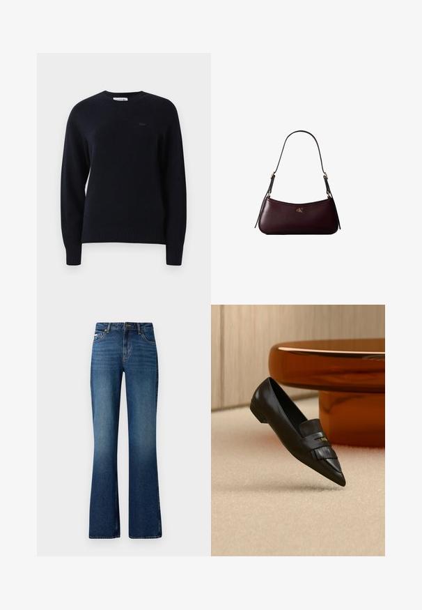 Sort langærmet crewneck sweater med ribbede manchetter og kant, der har et diskret broderet logo på venstre bryst.; Flare jeans i en medium blå vask, med et klassisk fem-lomme design, knaplukning og en let slidt tekstur.; Sort spids tå læder loafer med frynse detaljer, placeret på beige tæppe nær et rundt orange glasbord.; Mørk bordeaux læderhåndtaske med en tynd sort skulderrem og lille gyldent "cK" logo foran i midten.